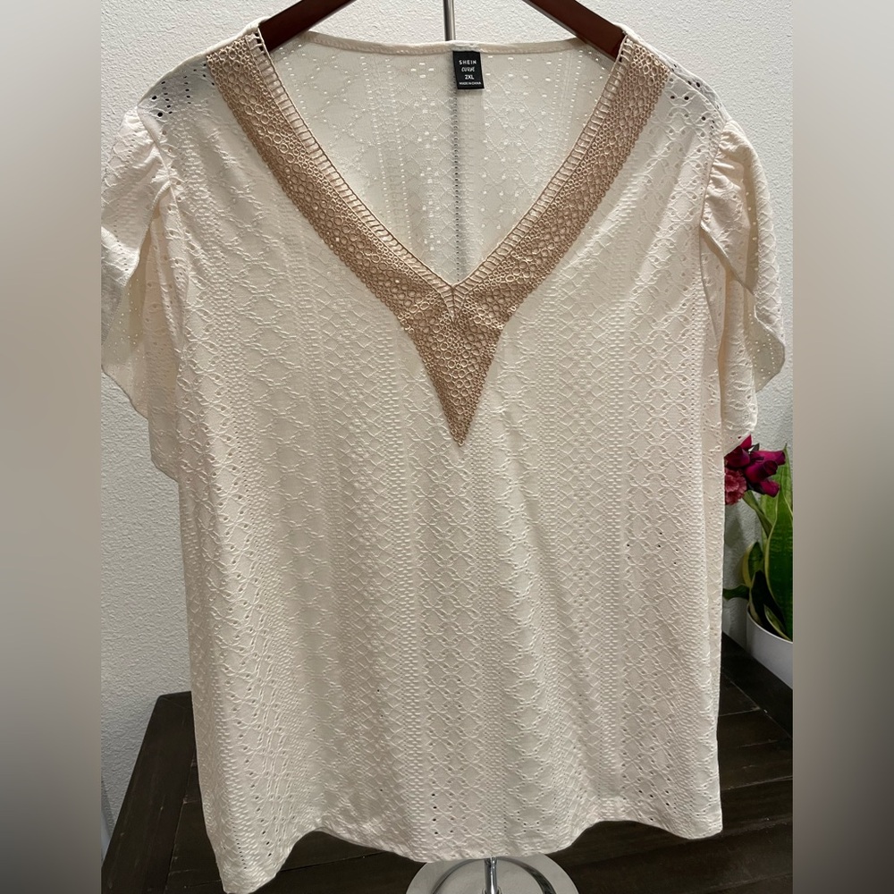 SHEIN Beige Textured V-Neck Blouse